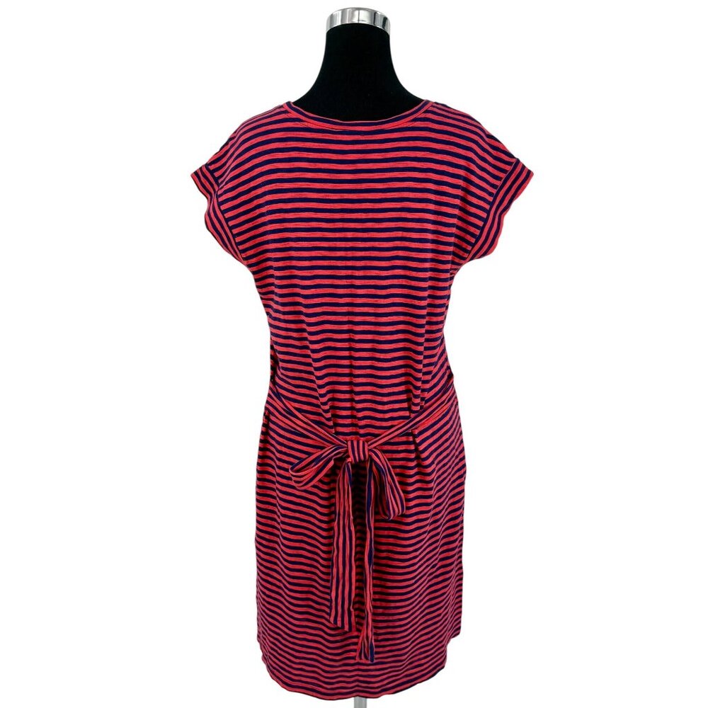 J. Crew Striped Casual Blue Red Cotton Tie Waist Nautical Preppy Shirt Dress LG - Picture 11 of 15
